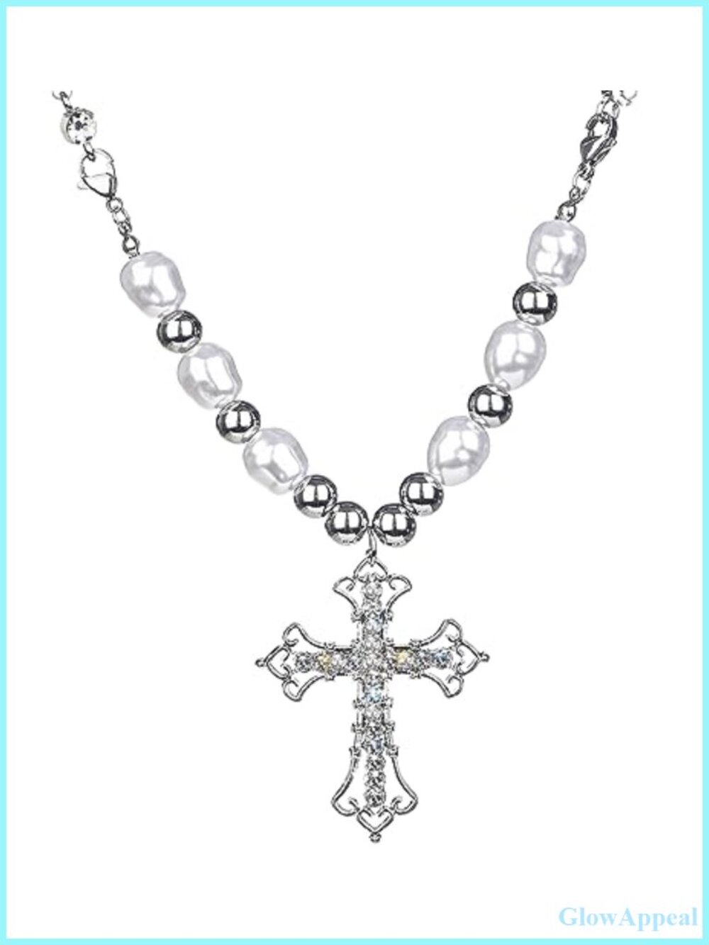 Silver Plated Celtic Cross Pendant Necklace Pearl Beaded Choker Vintage